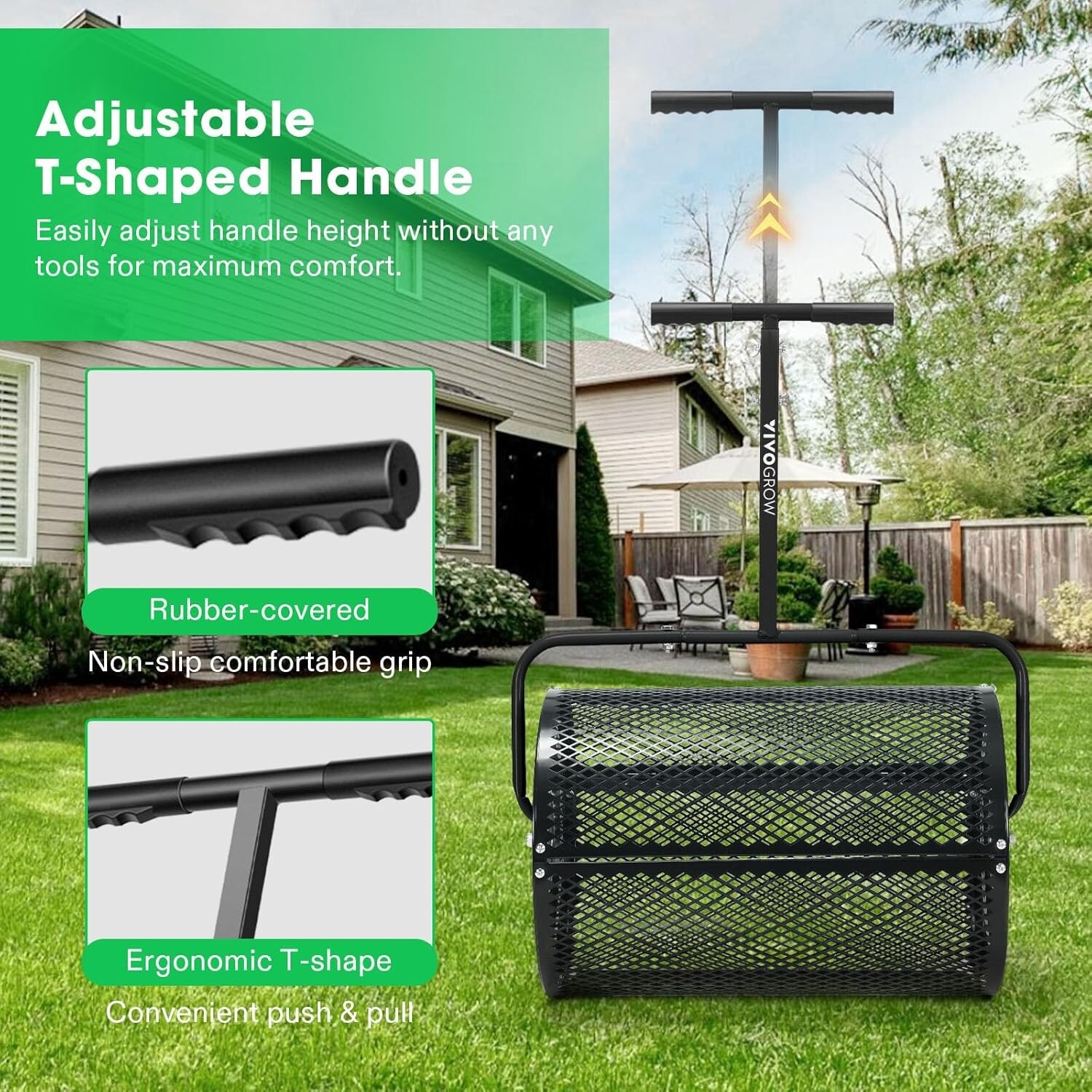 24" Lawn Compost Spreader Peat Moss Roller, Roller Spreader Adjustable Handle