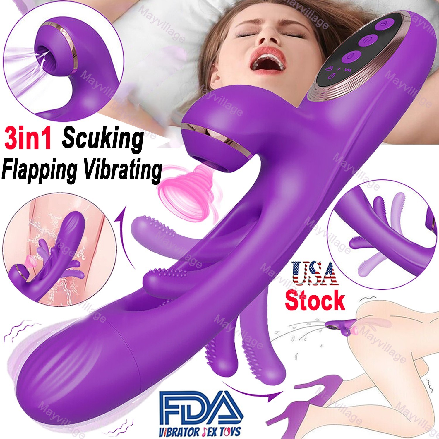 Flapping Rabbit Vibrator G-spot Clit Sucking Dildo Massager Sex Toys for Women