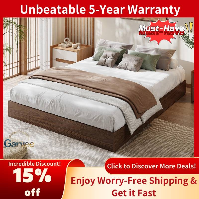 Wood Slat Support Full Bed Frame Walnut No Headboard Floor-Standing Easy Assembl