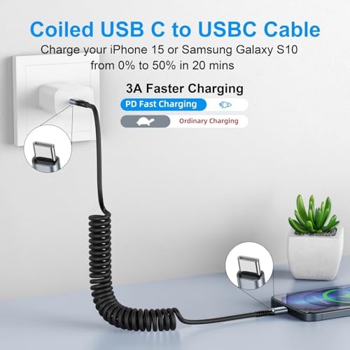 USB C to C Cable 3ft 2Pack Coiled USB C Charger Cable for Car Type C 3FT Black