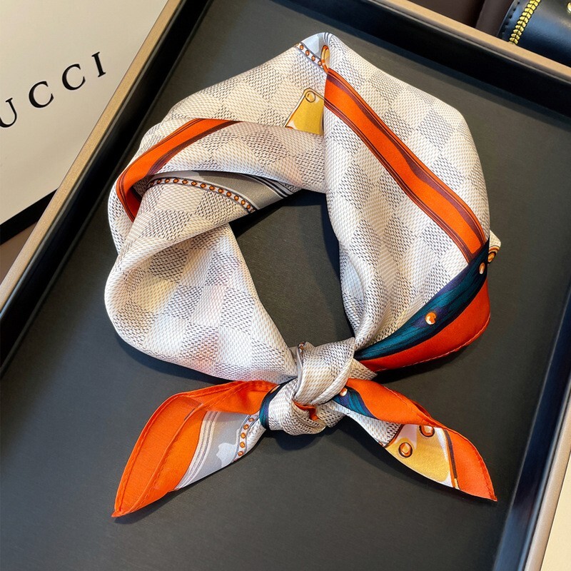100% Silk Scarf Women Vintage Small Bandana Orange Check Kerchief Turban 53*53cm