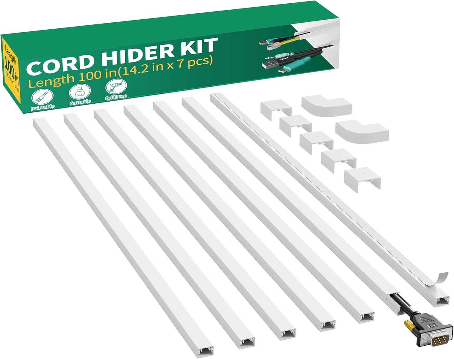 Cord Hider, 100In Self-Adhesive Cord Cover Kit for Wall Mounted TV, Paintable Wi