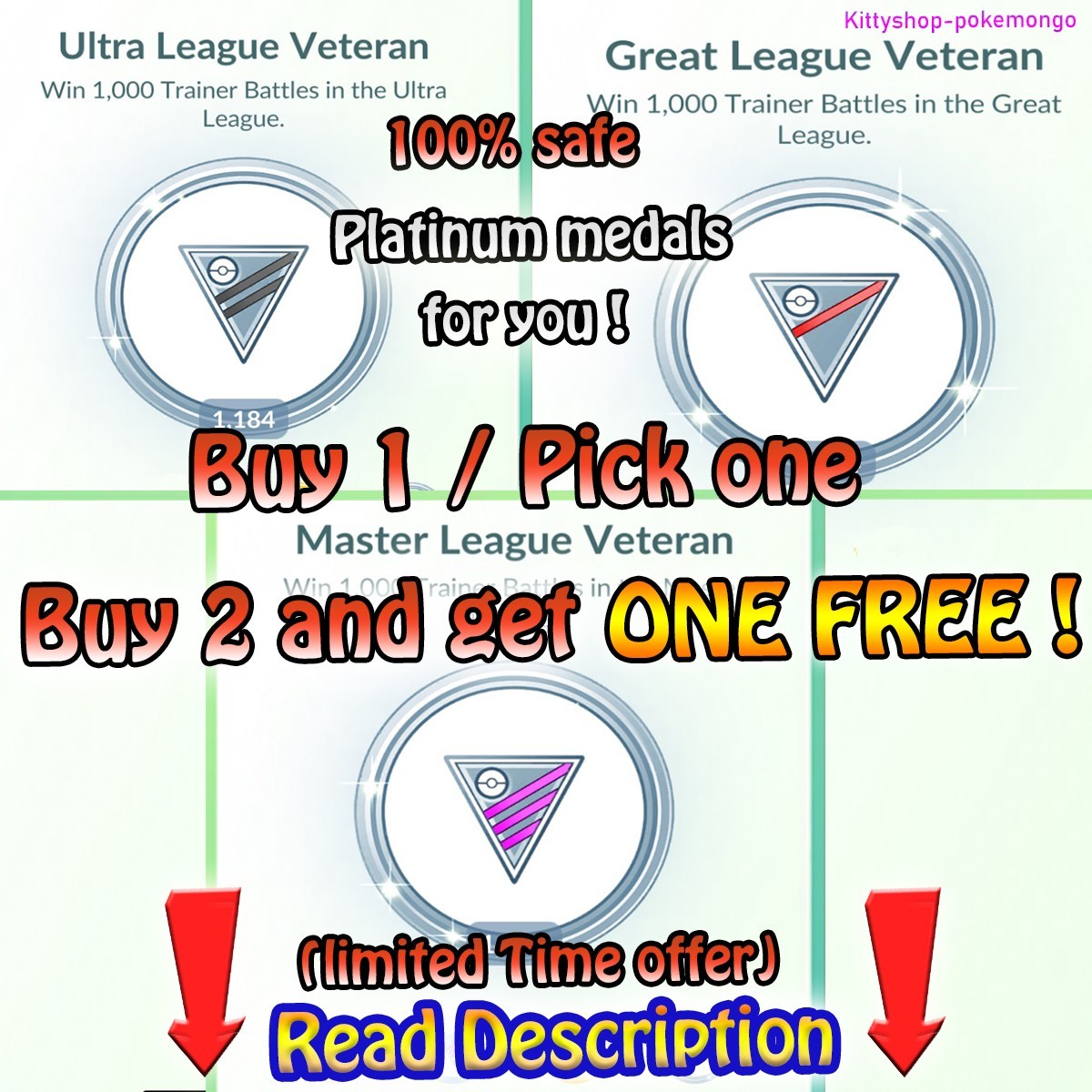 Pokémon Go!🎖- Platinum Medal BUY 2 GET 1 FREE (PVP League Veteran medals)✅