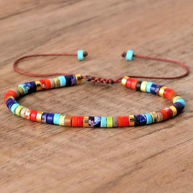 Natural 7 Charka Imperial Jasper 2*4mm Beads Minimalist Boho Tibetan Bracelet
