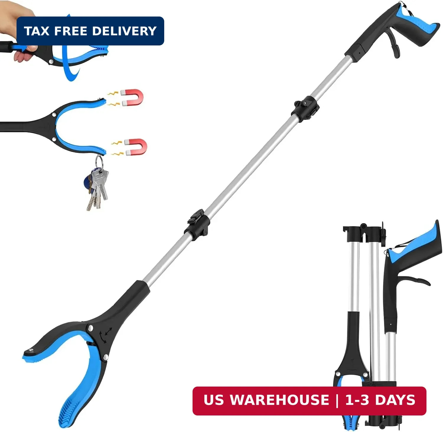 43" Long Grabber Reacher Tool, Foldable Grabber for Seniors with Magnetic Tip, 3
