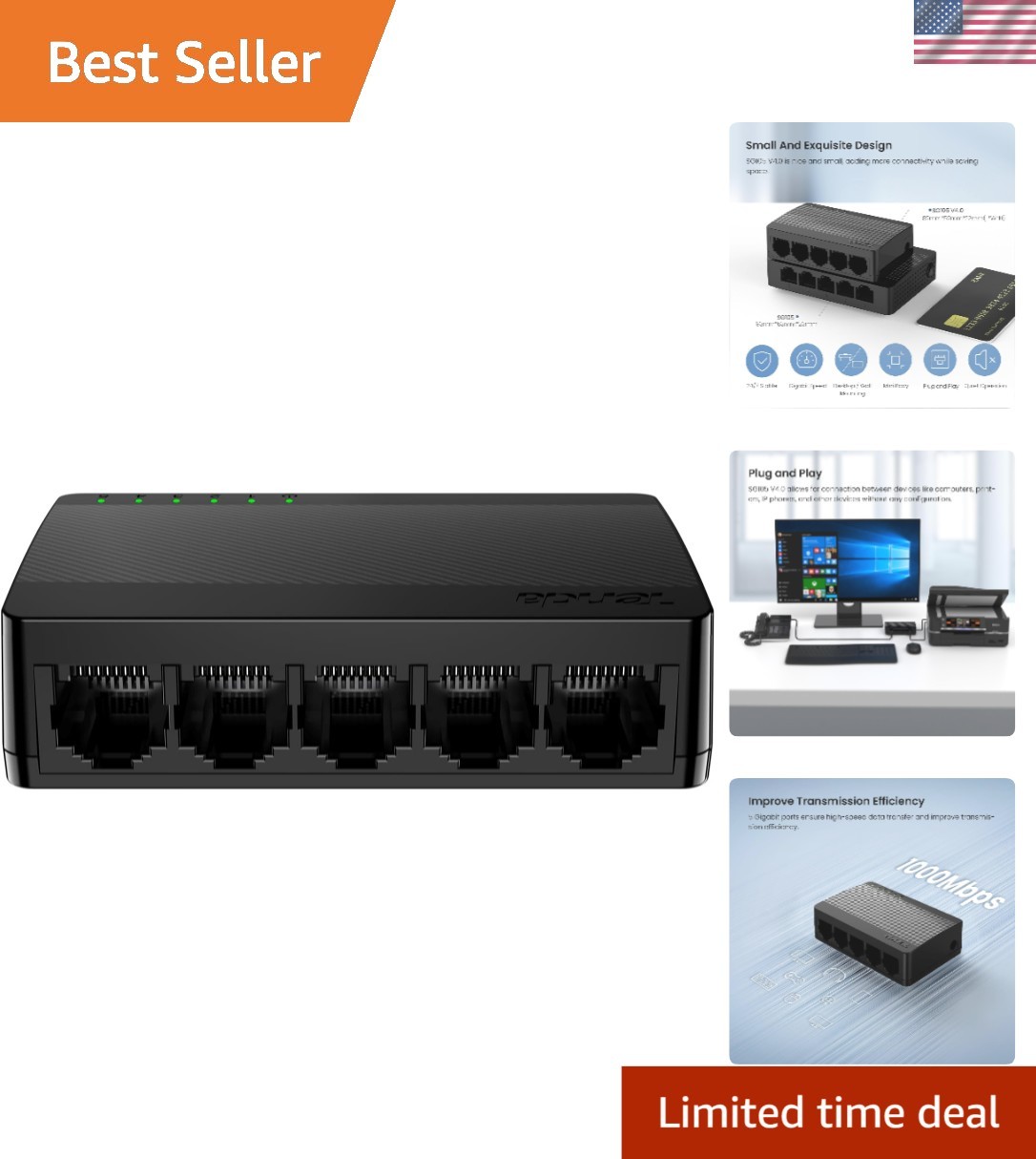 SG105 5 Port Gigabit Switch - Unmanaged Plug & Play, Silent Operation для Office