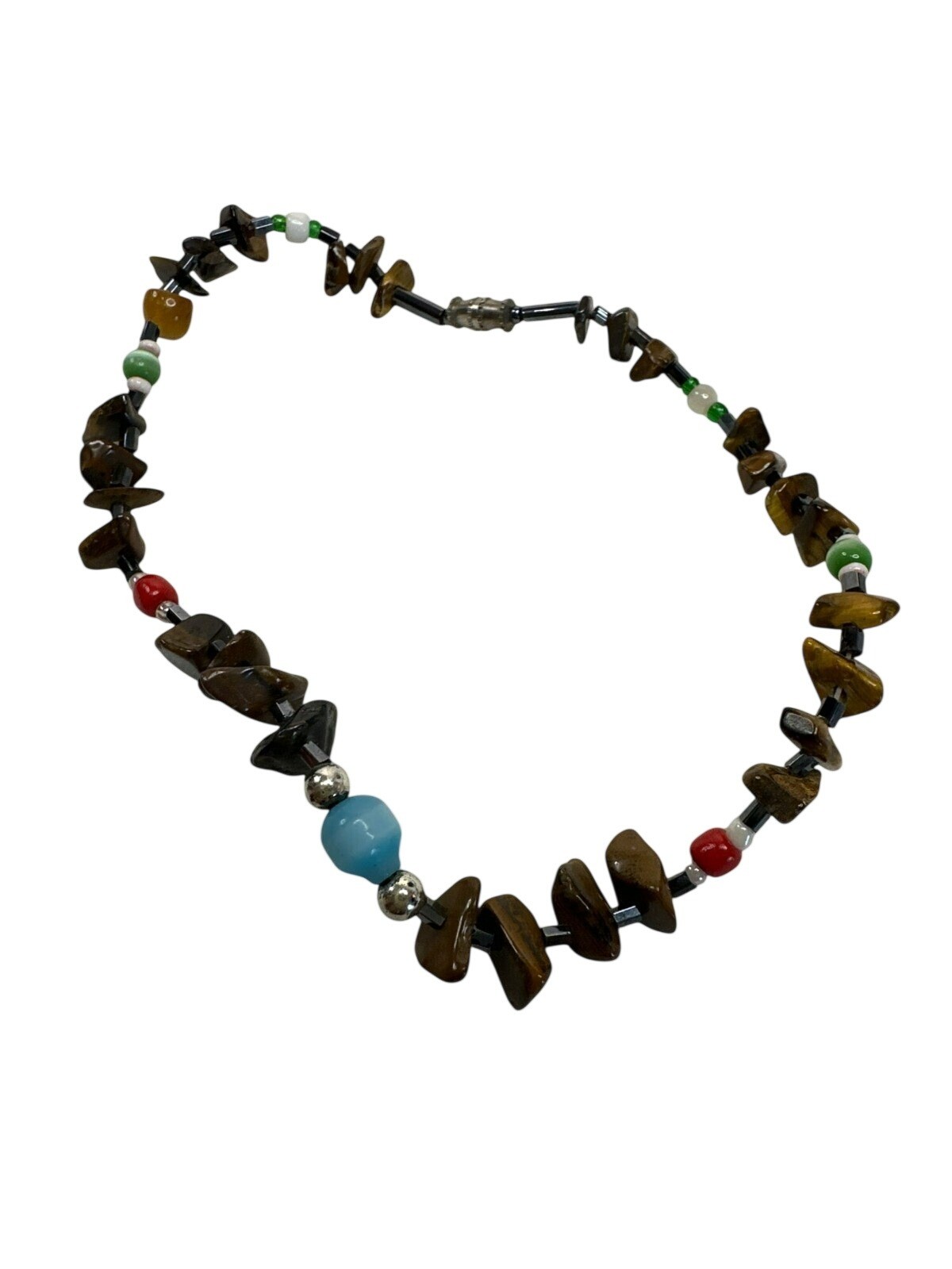 Handmade Tigers Eye Beaded Bracelet Colorful Boho Artsy Nature Silver-Tone Beads