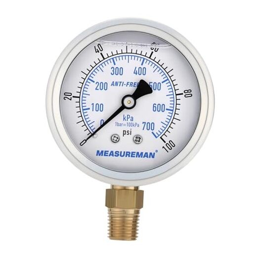 2-1/2 Inch Air Pressure Gauge, Silicone Oil Filled, Heavy-Duty 0-100 PSI