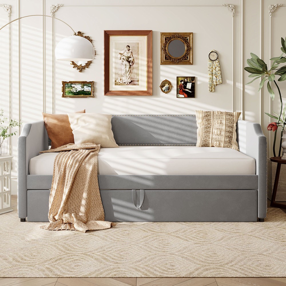 Twin Size Velvet Upholstered Daybed with Pop Up Trundle, Gray