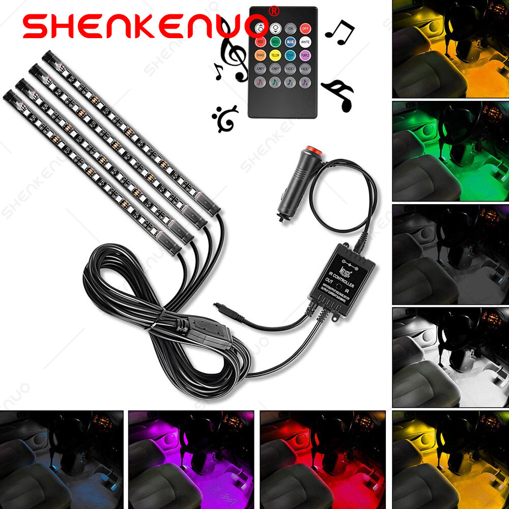 New 4X Car 48LED RGB Music Lights Strip Interior Atmosphere Neon Lamp+ IR Kit US