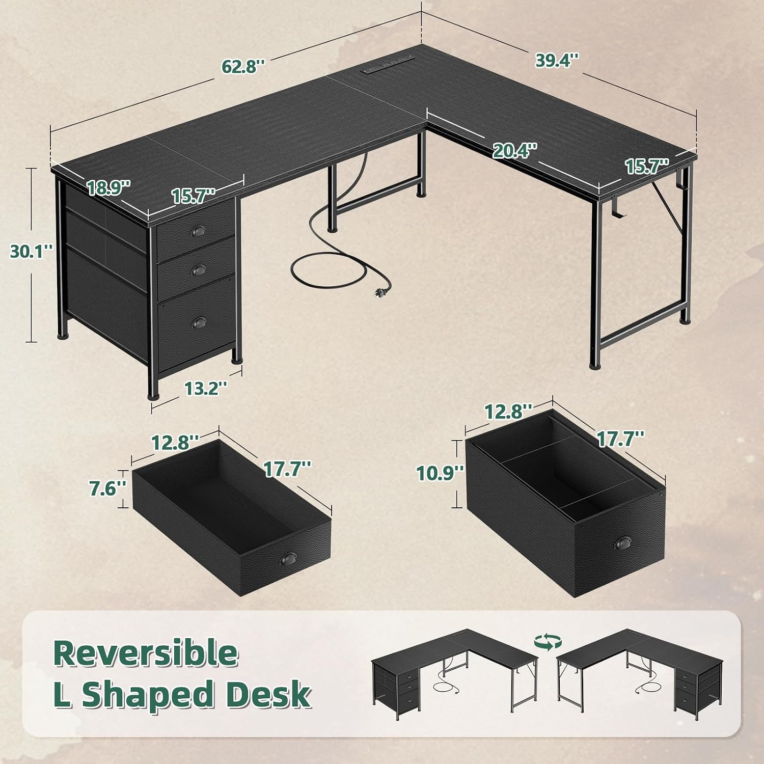 63" L Shaped Desk with Power Outlets & USB-C Port, Reversible Corner Computer De