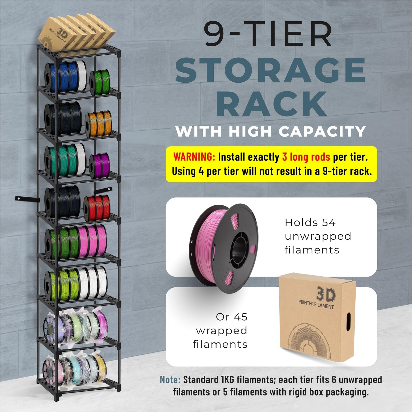 Upgraded 9-Tier 3D Printer Filament Spool Storage Rack, Thicker 3D Printing F...