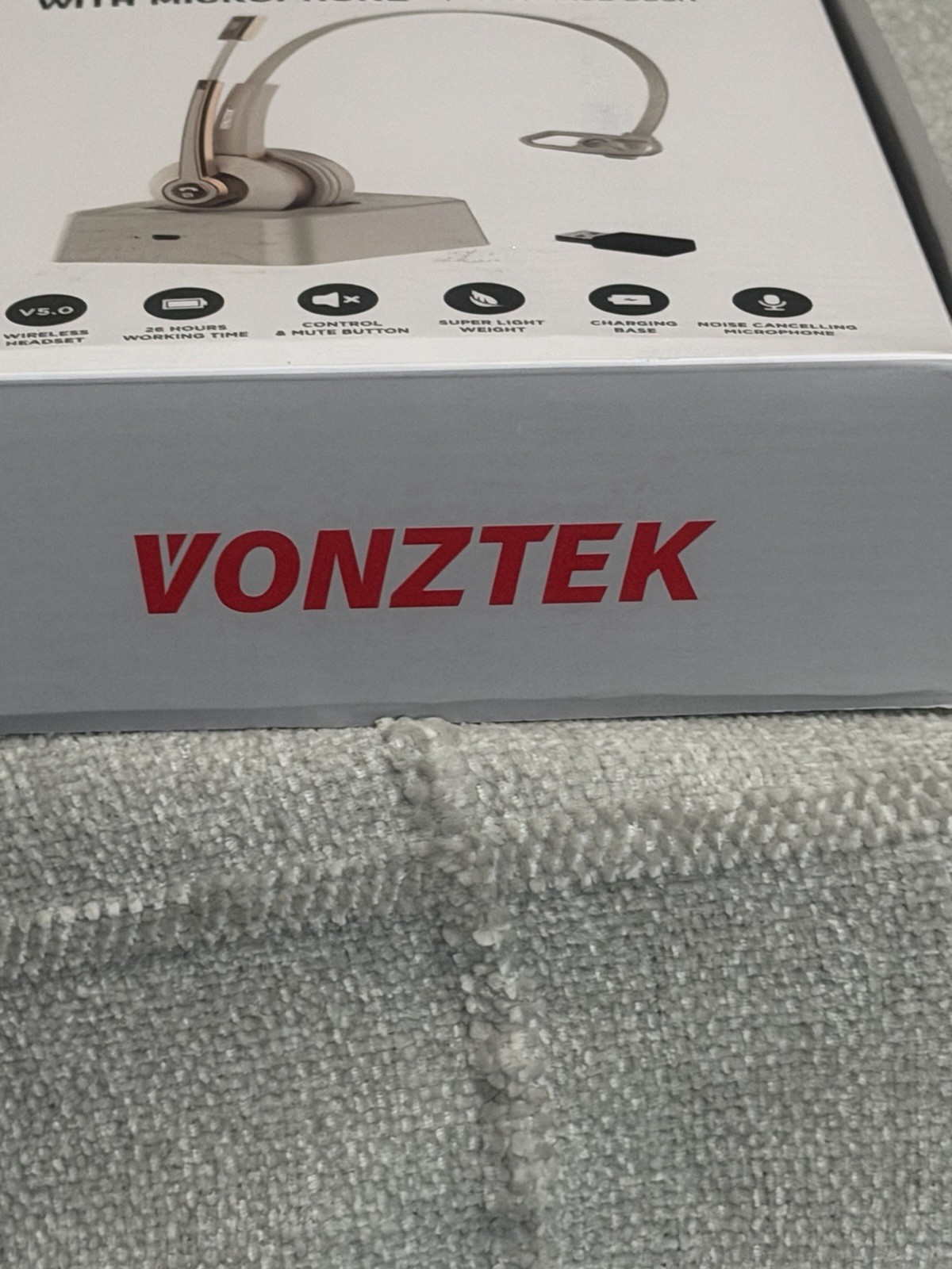 VONZTEK Wireless Headset USB Dongle Charging Base Boom Mic Noise Cancel White