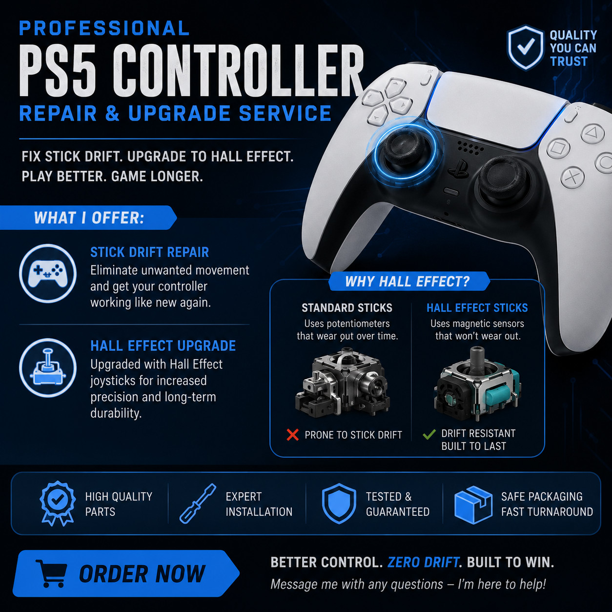 PS5 DualSense Controller Stick Drift Repair & Hall Effect Joystick Upgrade