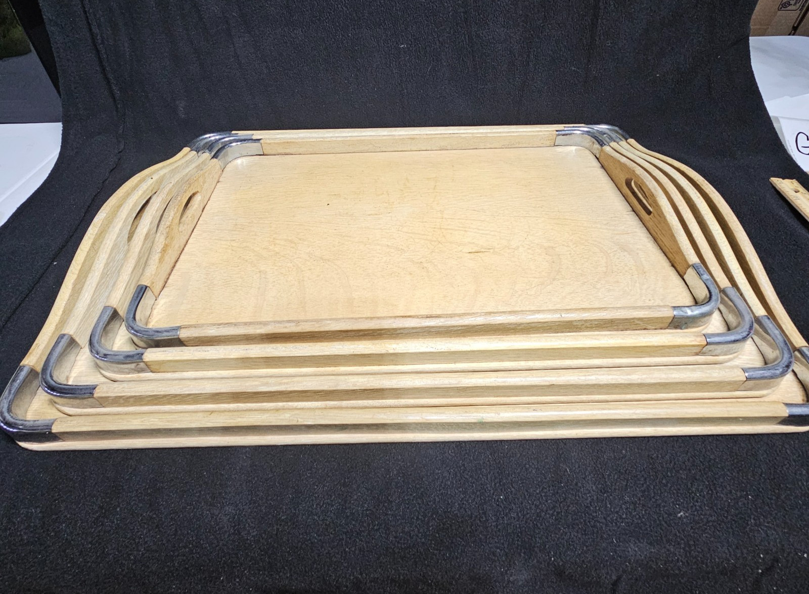 Set of 4 Vintage Quon Quon Japan Wood Serving Trays - Metal Trim Handles