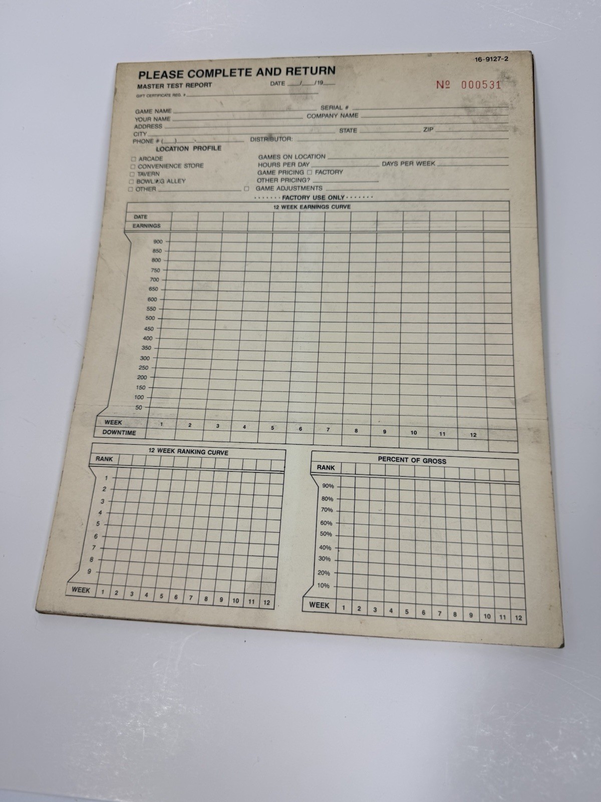 Vintage BALLY/MIDWAY Master Test Report Pinball