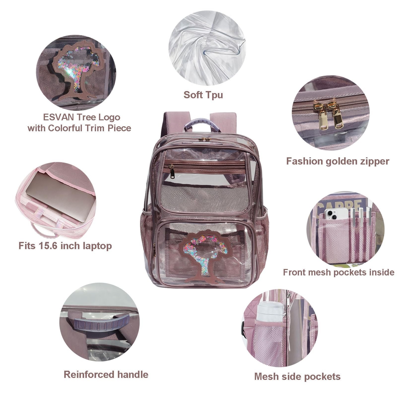 ESVAN Clear Backpack Transparent Stadium Approved See Through for Middle Coll...