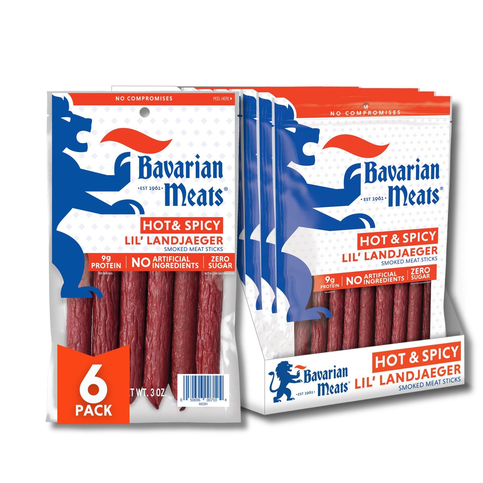 Bavarian Meats Hot & Spicy Lil' Landjaeger Meat Sticks, Smoked Sausage Pack of 6