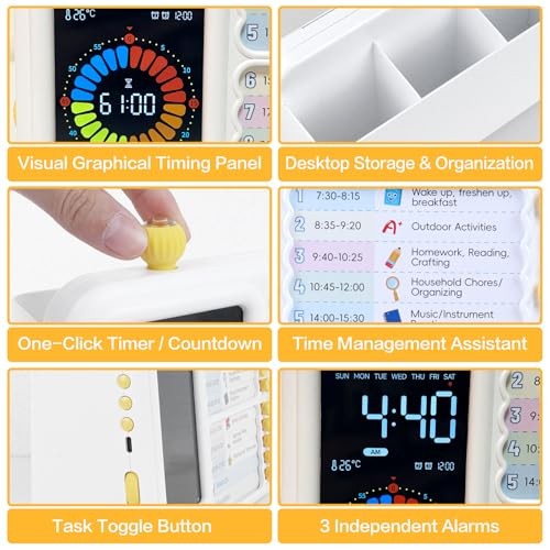 12/24 Hour Switching Task Timer, Timer for Kids, Visual Schedule for Kids White