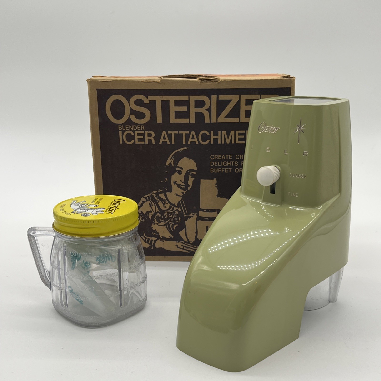 Osterizer Ice Crusher & Mini Blend Container Avocado Model #435 Vintage In Box