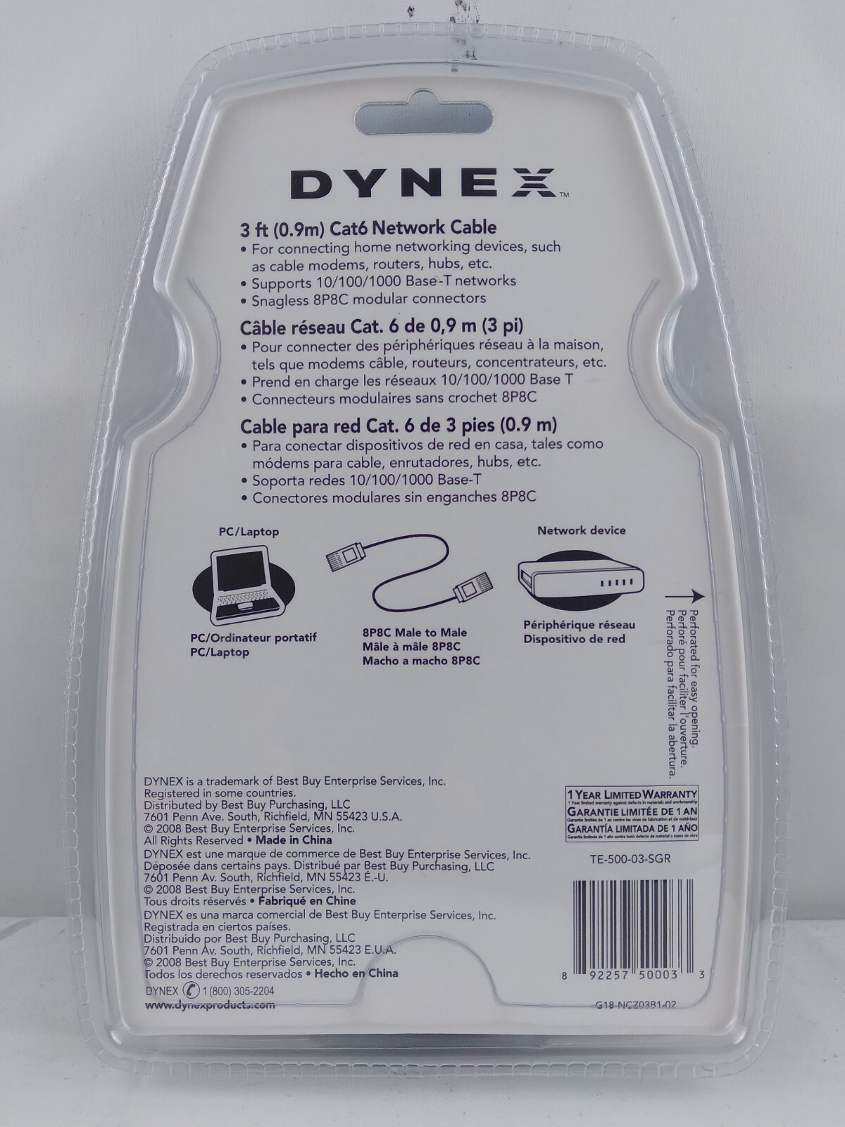 Dynex 3-Ft Cat.6 Gray Network Cable TE-500-03-SGR