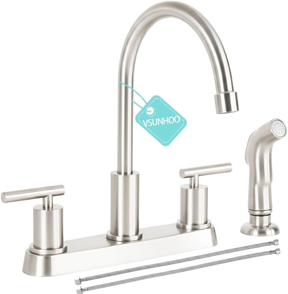 Brushed Nickel Kitchen Sink Faucet with Side Sprayer 2 Handles 3 Holes Mixer Tap