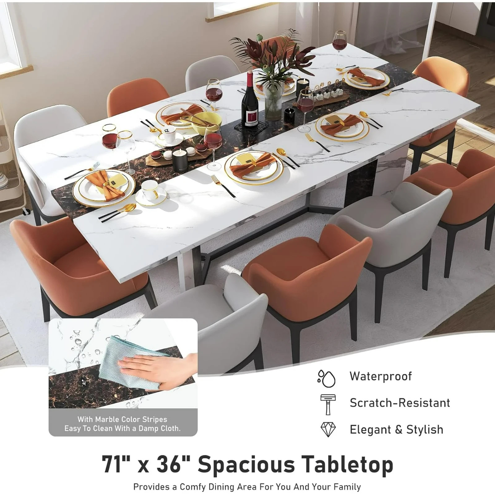 6 ft Large Modern Rectangular Dining Table for 6-8 People White Faux Marble Fin