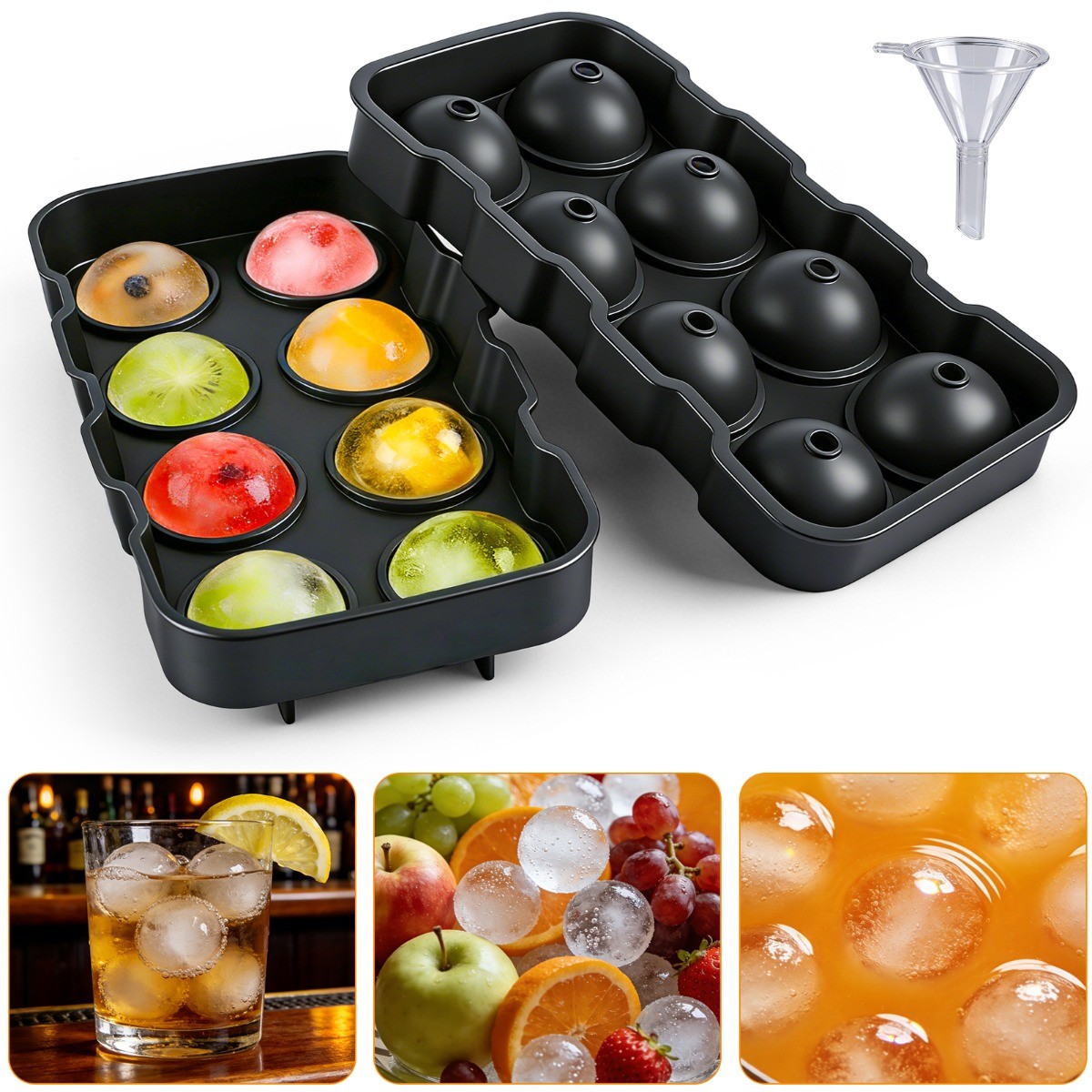 1.57in Round Silicone Ice Cube Ball Maker Tray Sphere Molds Bar Whiskey +Funnel