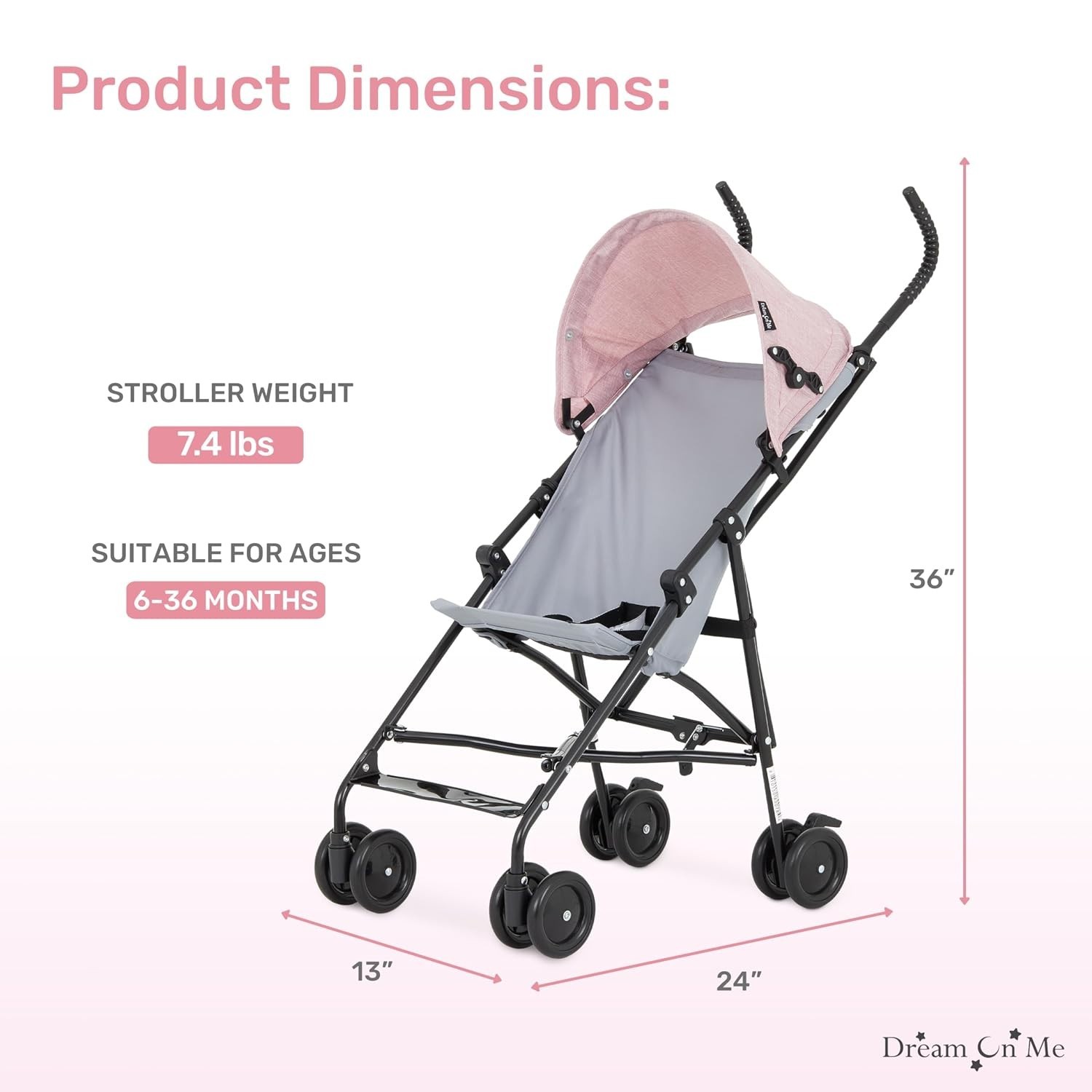 Compact Pink Stroller, 1-Hand Fold | 3-Point Safety Harness