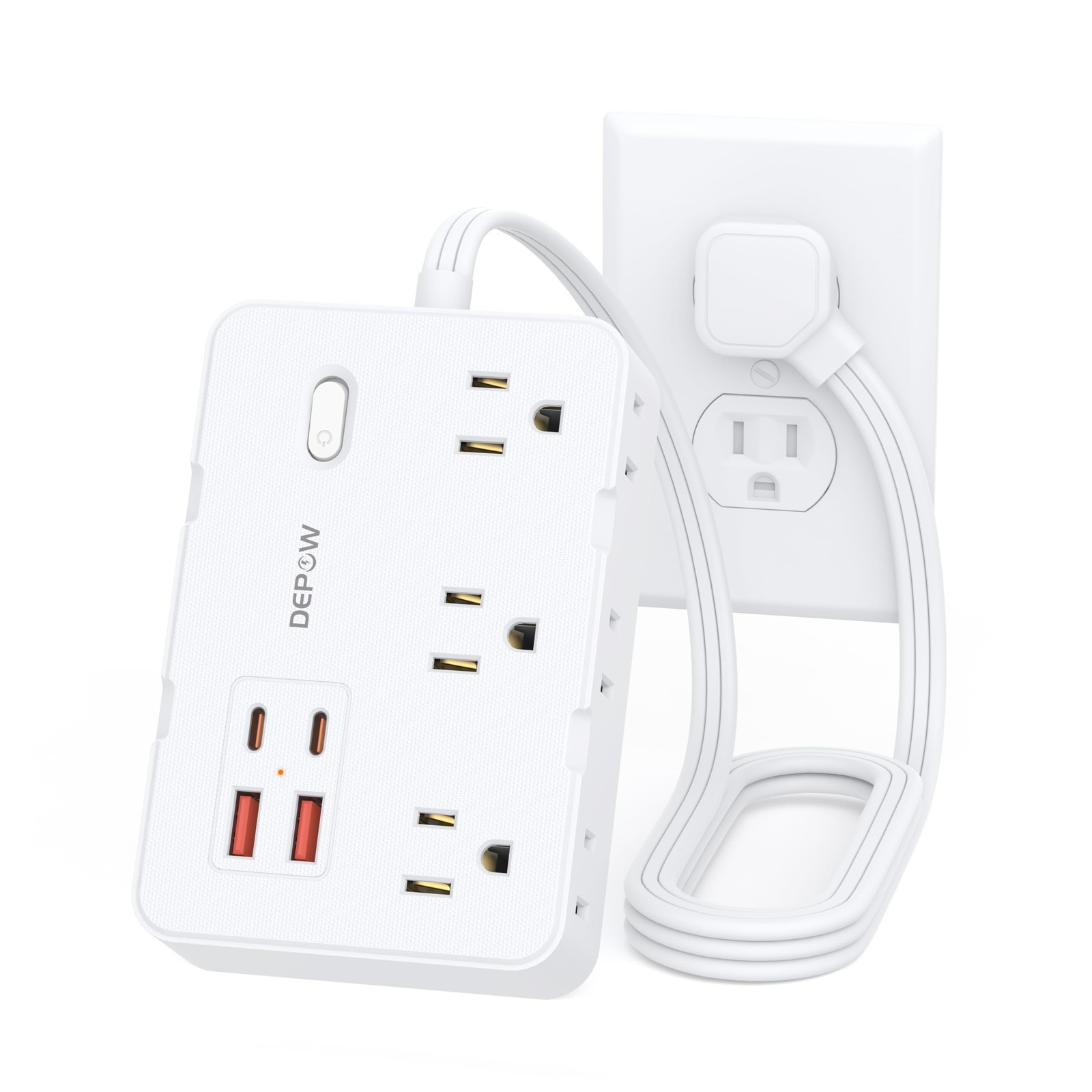 DEPOW Surge Protector Power Strip, 3 FT Extension Cord with 6 3 FT, White