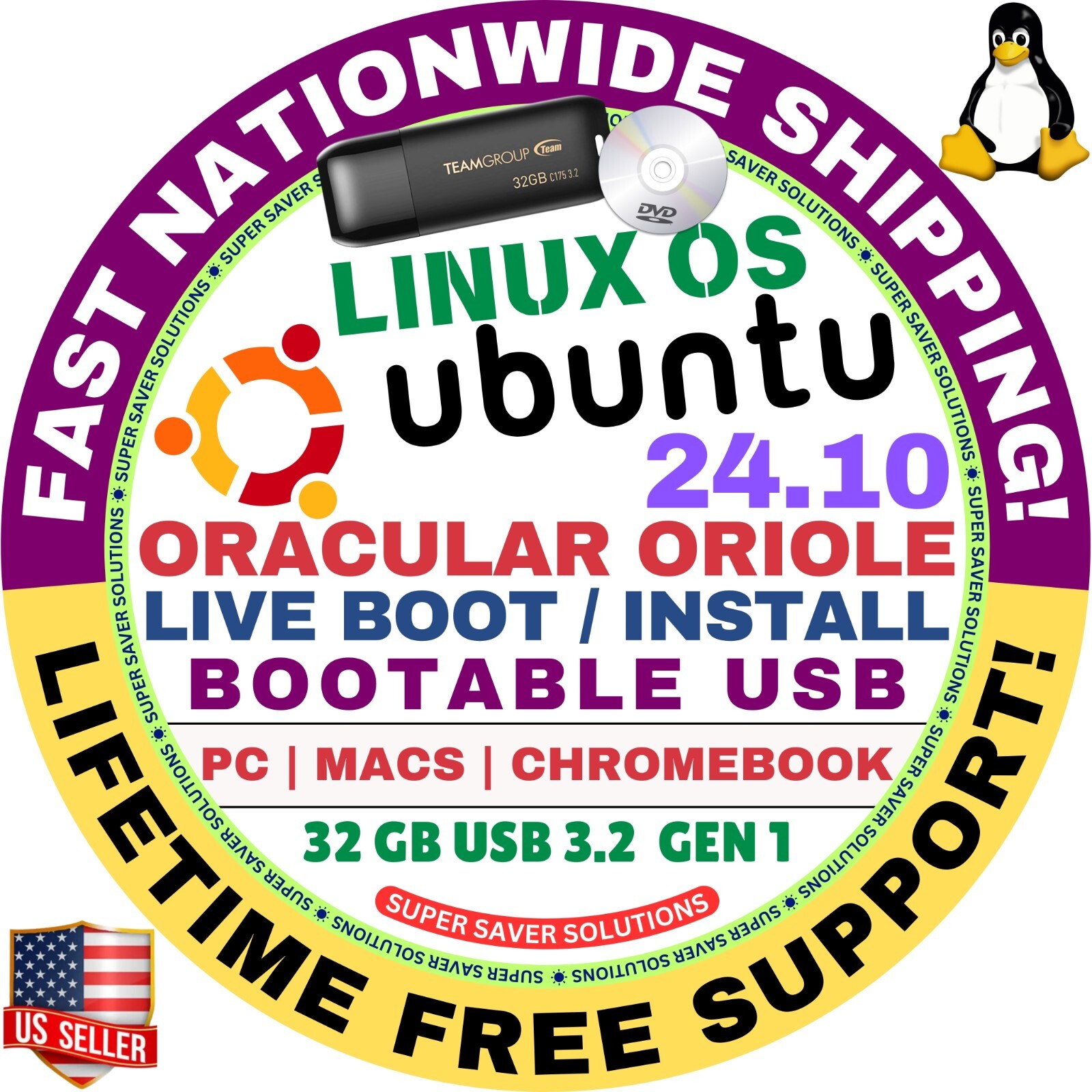 UBUNTU LINUX 24.10 BOOTABLE USB LATEST ORACULAR ORIOLE AMD64 for MAC & PC