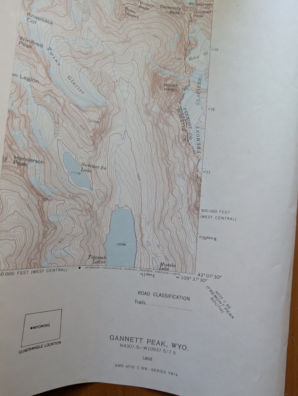 USGS Topo Map 7.5' Gannett Peak, WYOMING N4307.5-W10937.5 (1968)