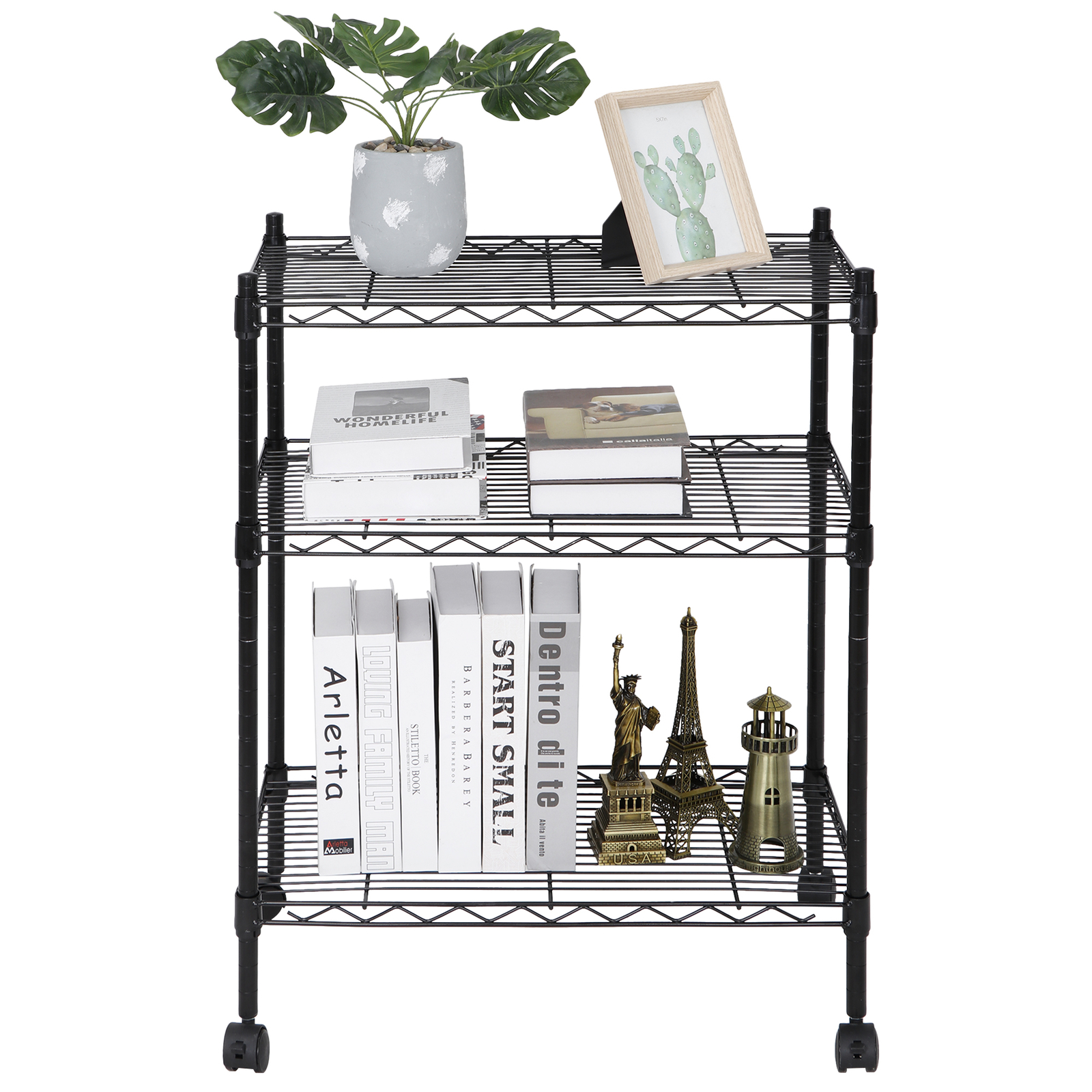 Unit Shelving Metal 3 Tier Wire Rack Organizer Adjustable Shelve with 4 Wheels