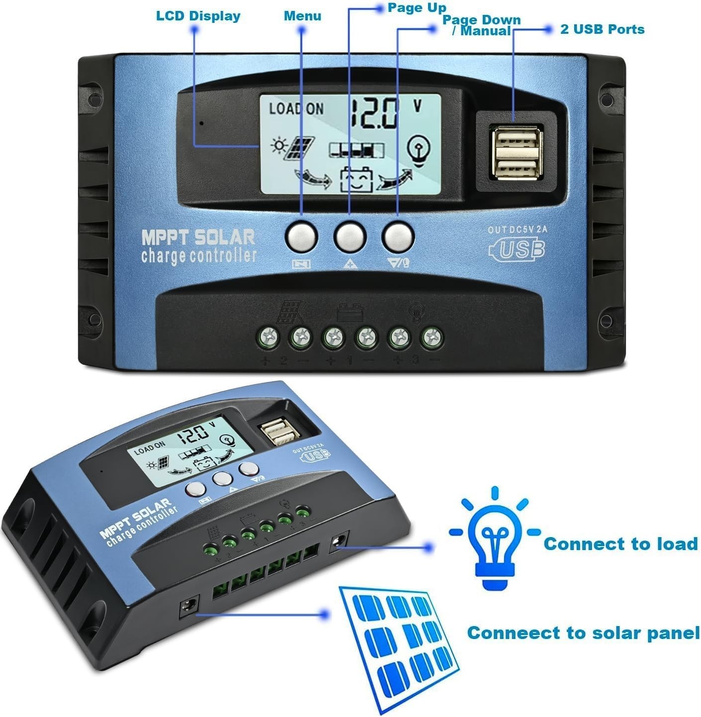 100A MPPT Solar Charge Controller, 12V/ 24V Solar Panel Battery Intelligent R...