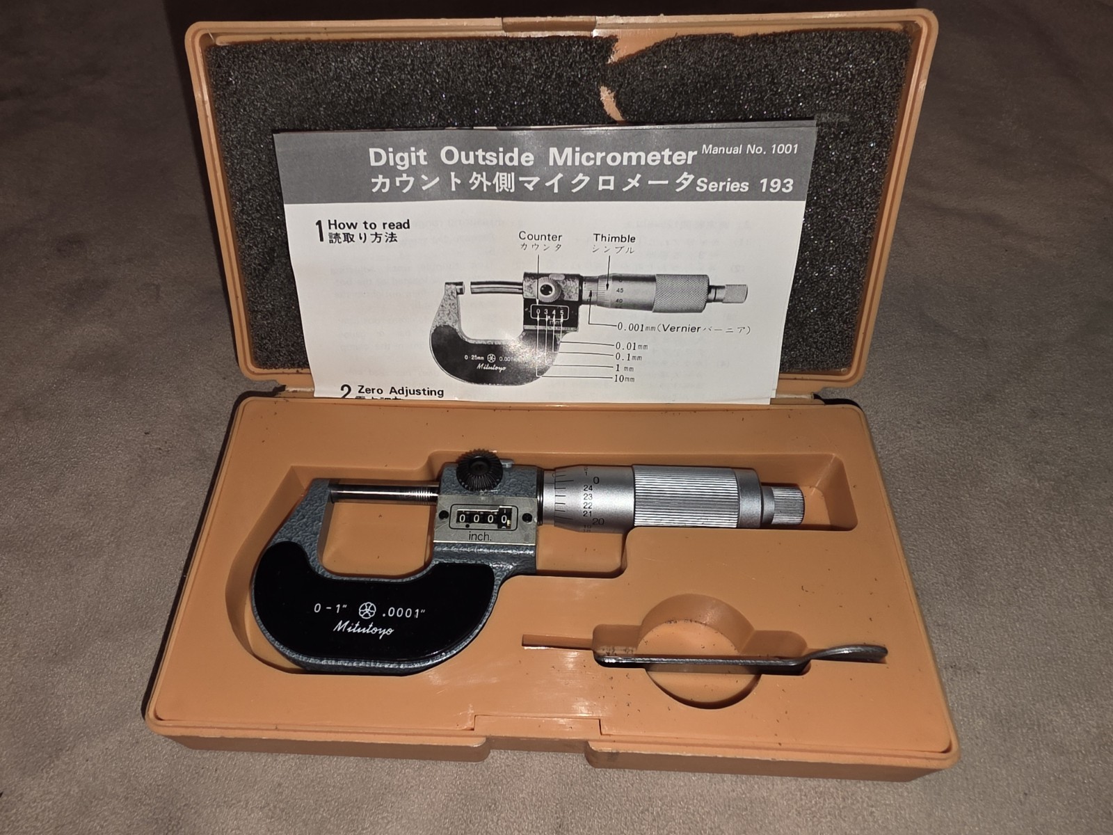 MITUTOYO 193-211 Digital Outside Micrometer .0001-1 Case Wrench Manual Japan