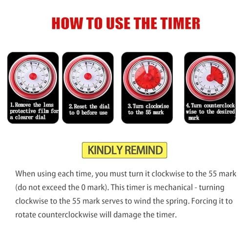 Mechanical Kitchen Timer, Eco-Friendly No Batteries Needed Magnetic 60 Red