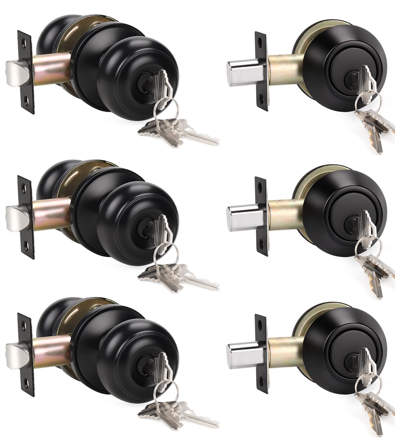 KNOBWELL 3 Pack Keyed Alike Entry Door Knobs and Single 3 Pack, Black