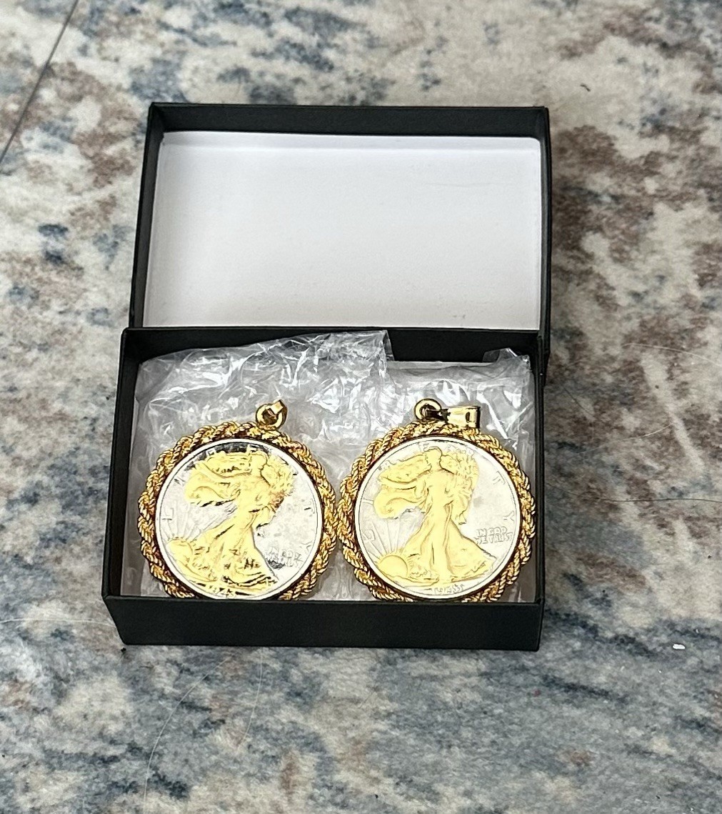 Two 1943 Walking Liberty 1/2s - 24K Gold Gilded In Gold Bezels