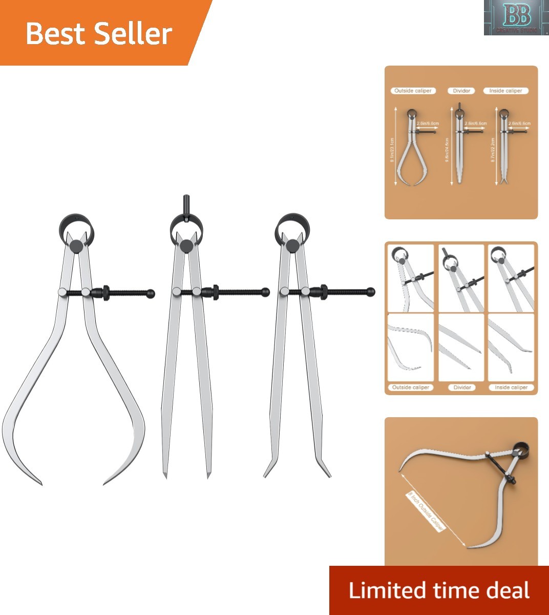 Adjustable 8-Inch Carbon Steel Caliper Set for Precise Wood Turning & Lathe Work