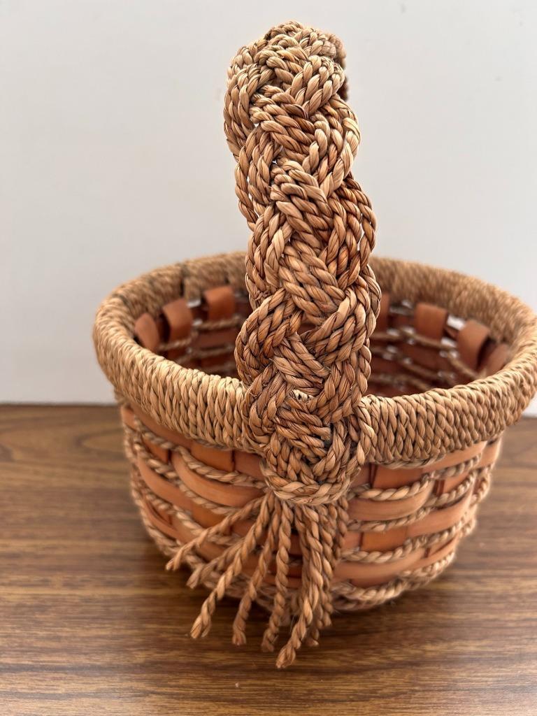 Handmade basket wood raffia rustic farmhouse with handle