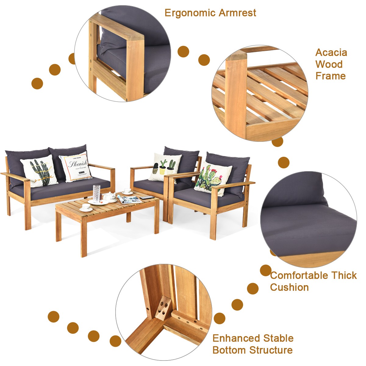 Topbuy 4 PCS Acacia Wood Conversation Sofa Table Furniture Set W/ Grey Cushions