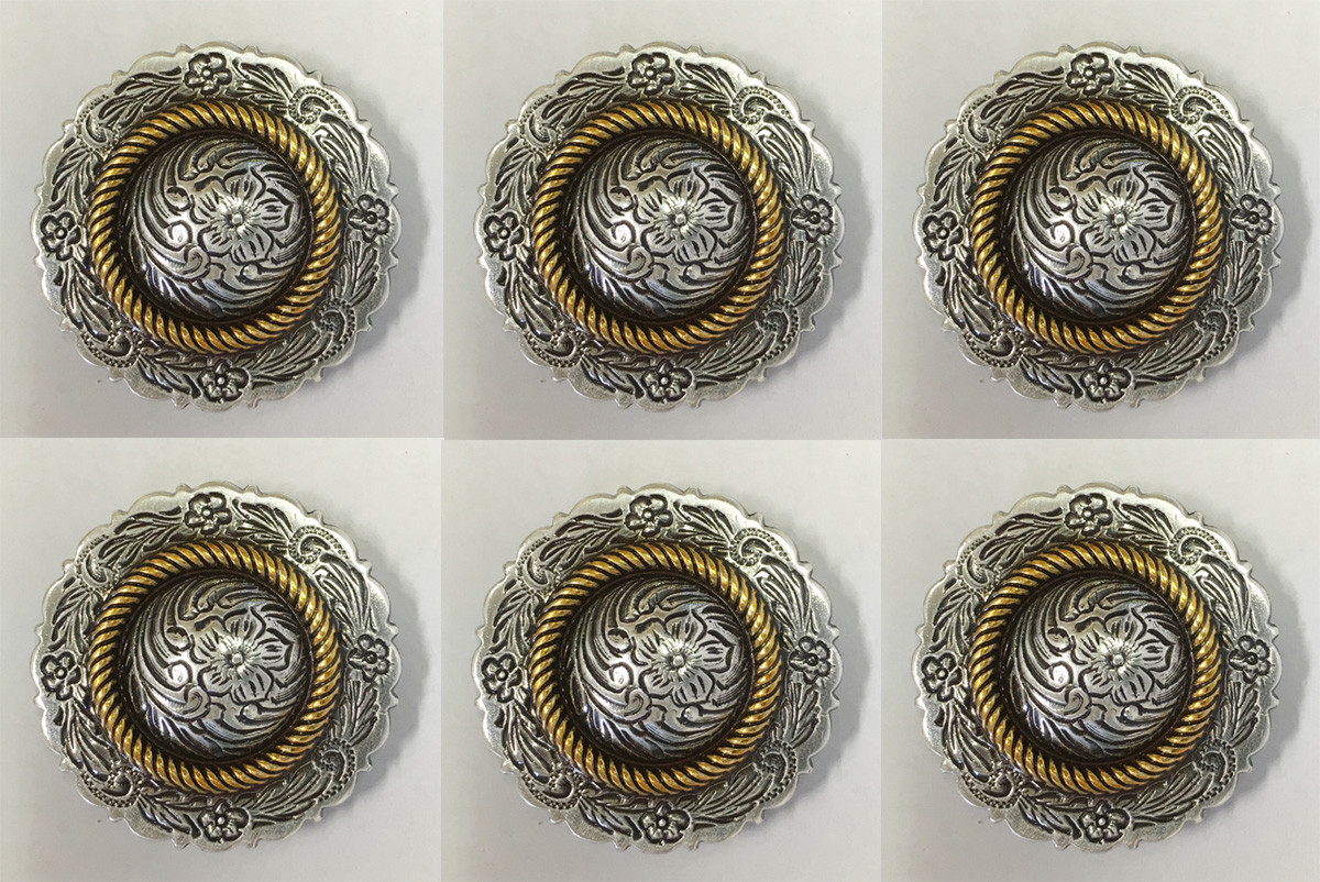 Set of 6 WESTERN HORSE SADDLE TACK ANTIQUE ENGRAVED GOLD ROPE EDGE CONCHOS 1"