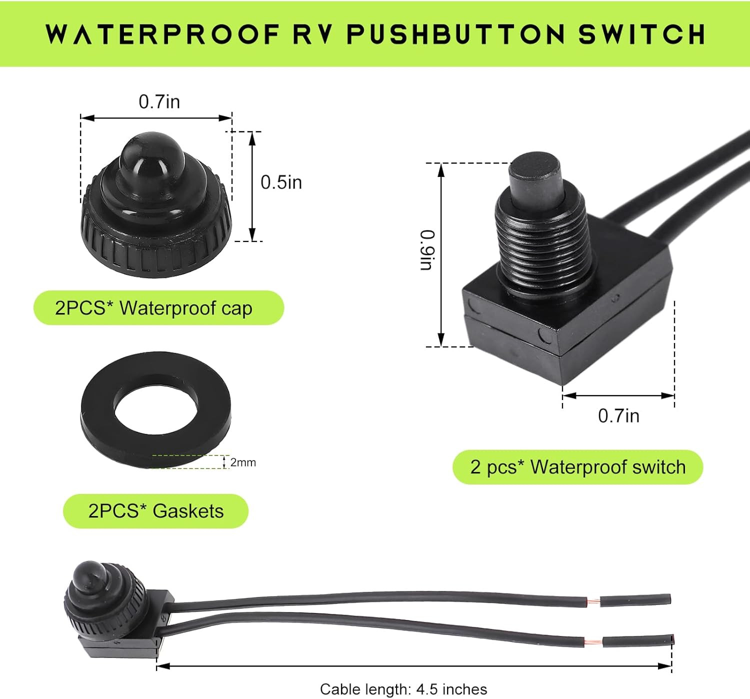 2 PCS Waterproof Push Button Switch, KP-107 12V On/Off SPST Switch with 4.5