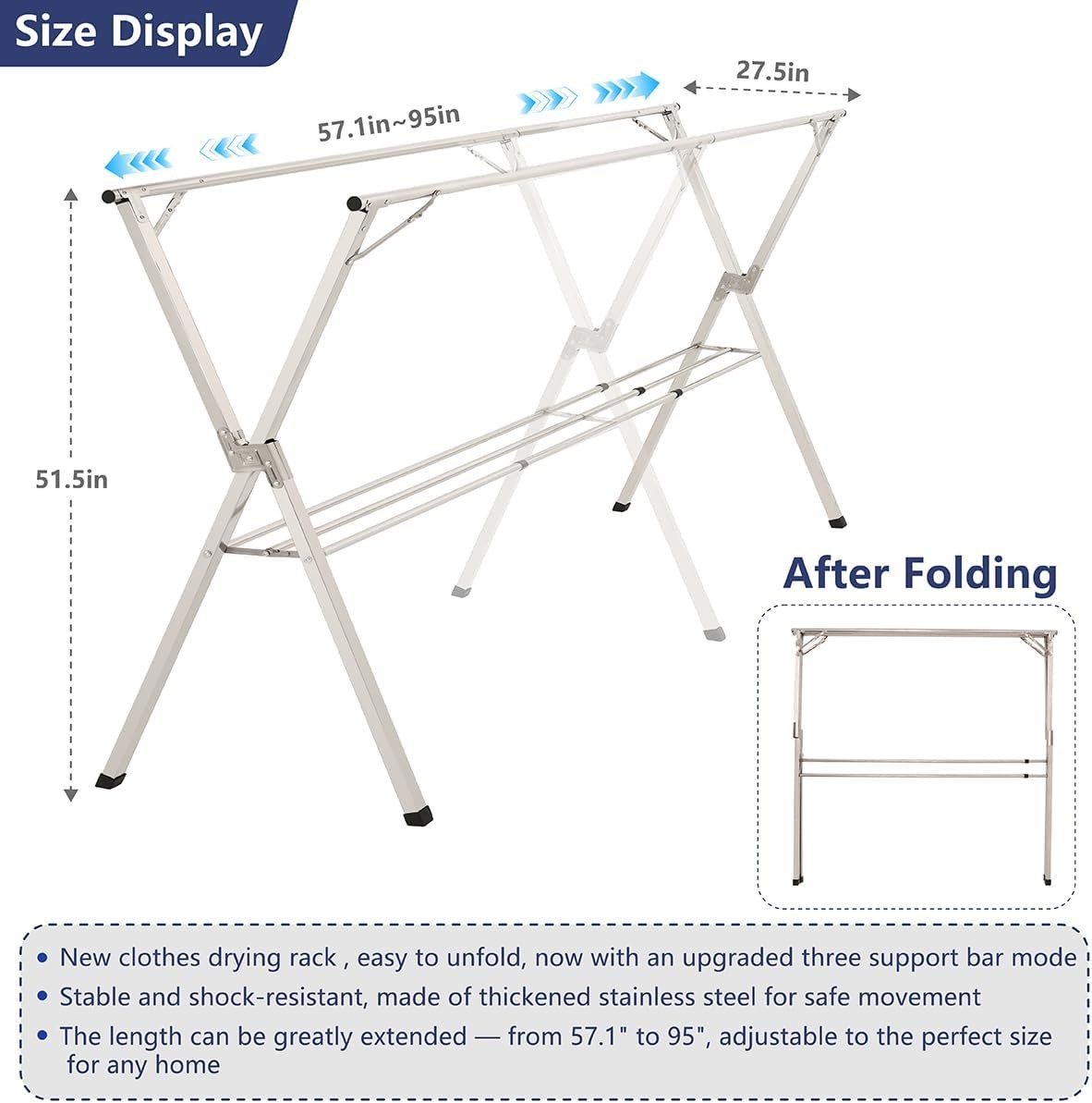 Foldable 95in clothes rack stainless steel adjustable outdoor
