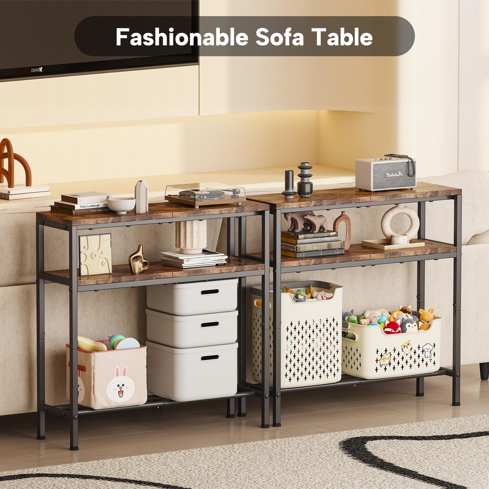 Entryway Table with Storage, 3-Tier Console Table 31.5" Width, Industrial Sof...