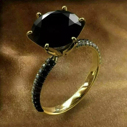 2CT Round Cut Lab-Created Black Diamond Engagement Ring 14k Yellow Gold Plated