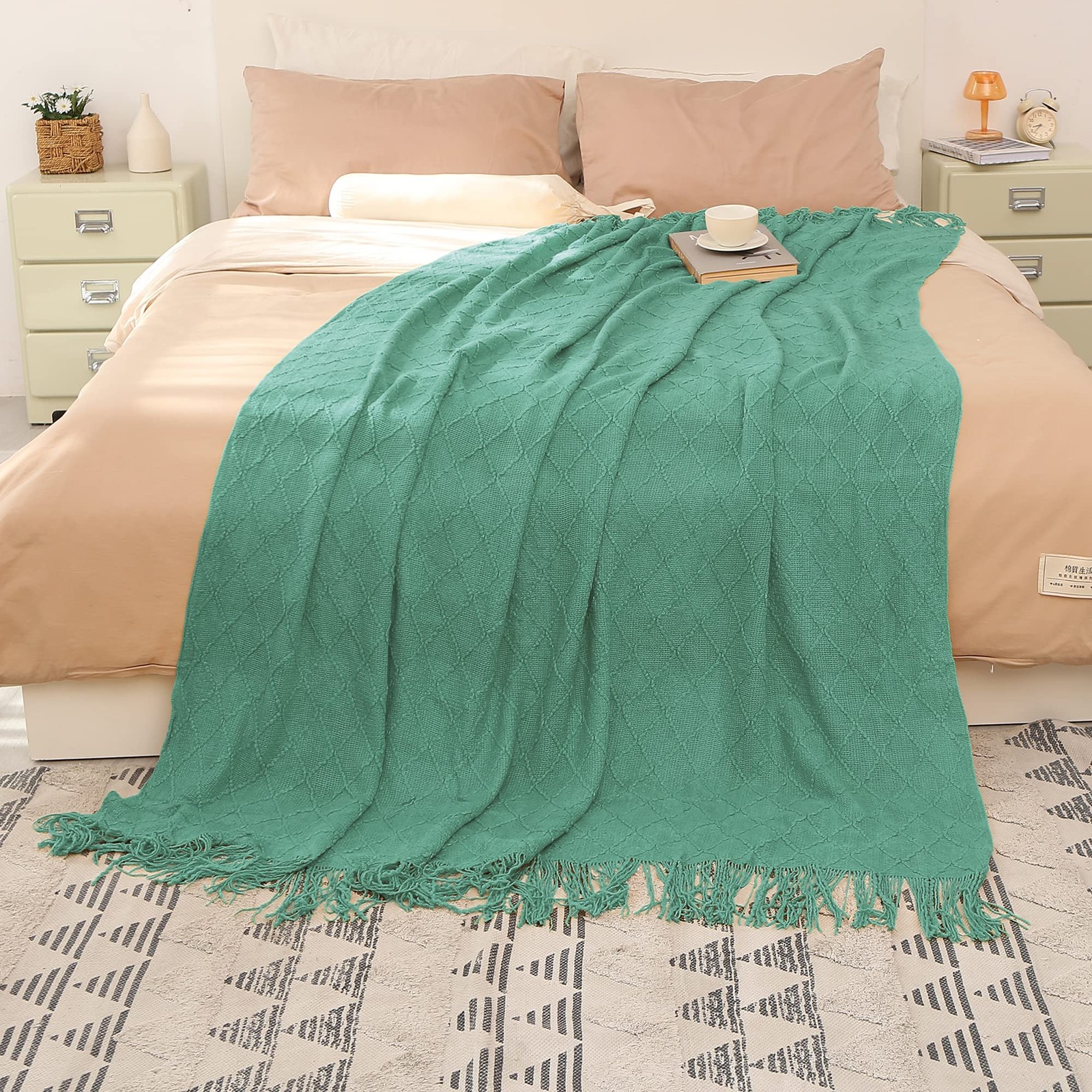 Teal Green Knitted Throw Blanket for Couch, Decorative Blanket with Fringe, A...