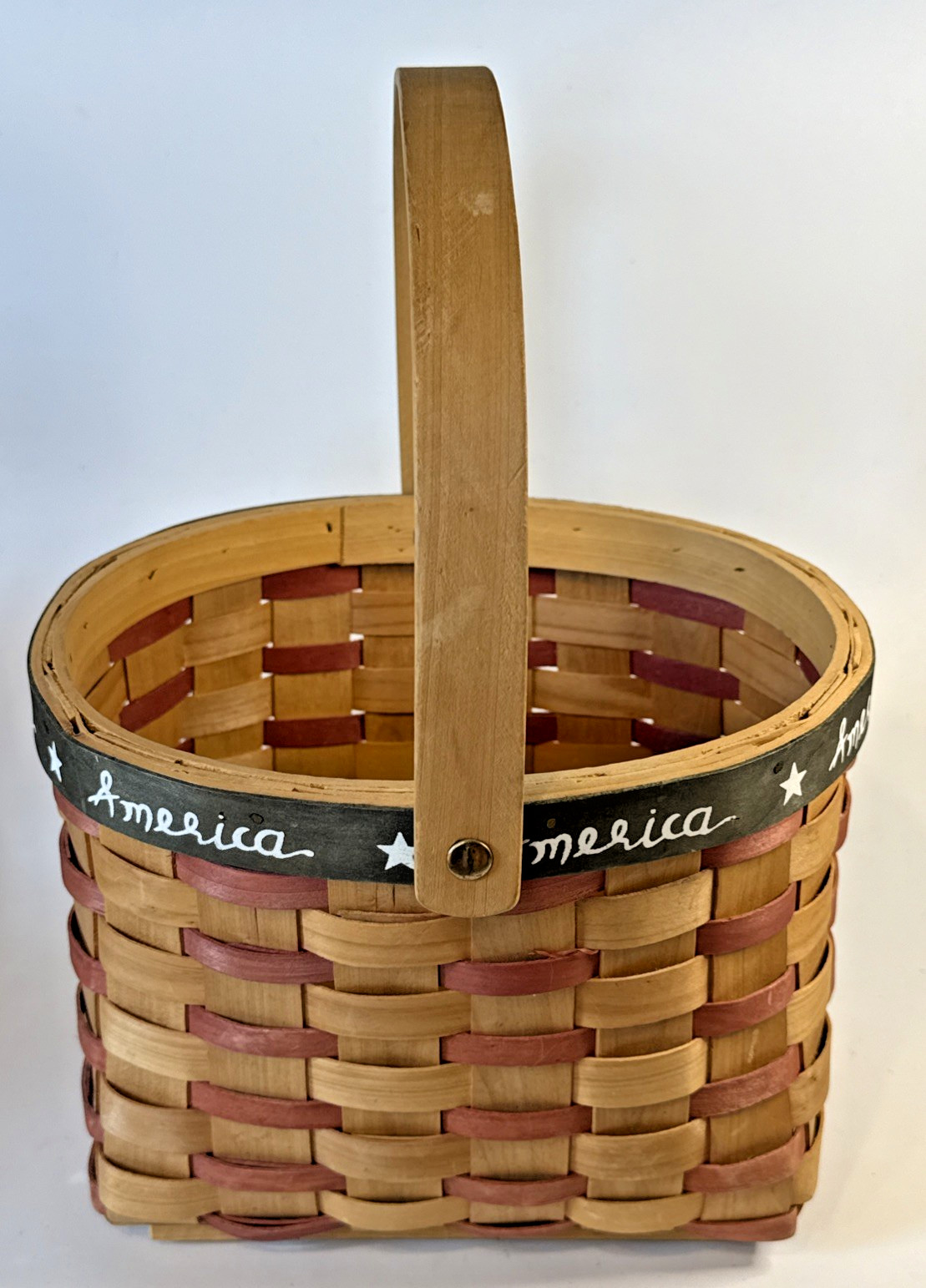 Vtg Wood Slat America Basket Red White & Blue 8.5” x 7.75” x 6.5” Handle 11.75”