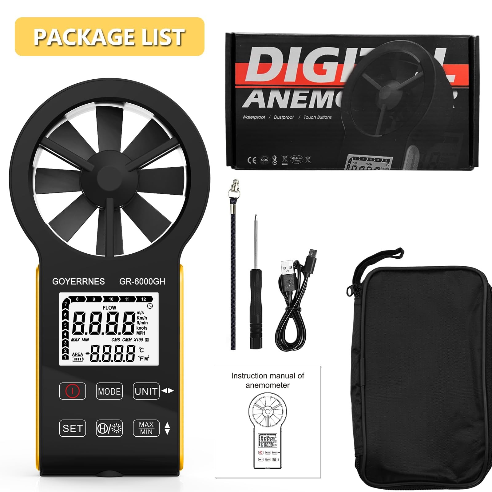Handheld Anemometer CFM Meter, Rechargeable Digital Air Flow Wind Speed Gauge...