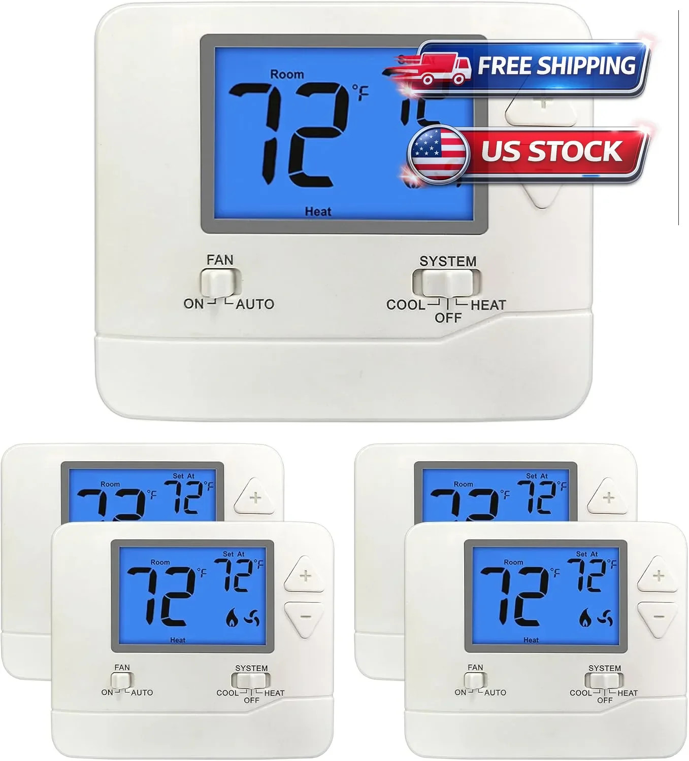 5 Pcs NonProgrammable Digital Thermostat Home Single-Stage 1 Heat/1 Cool White